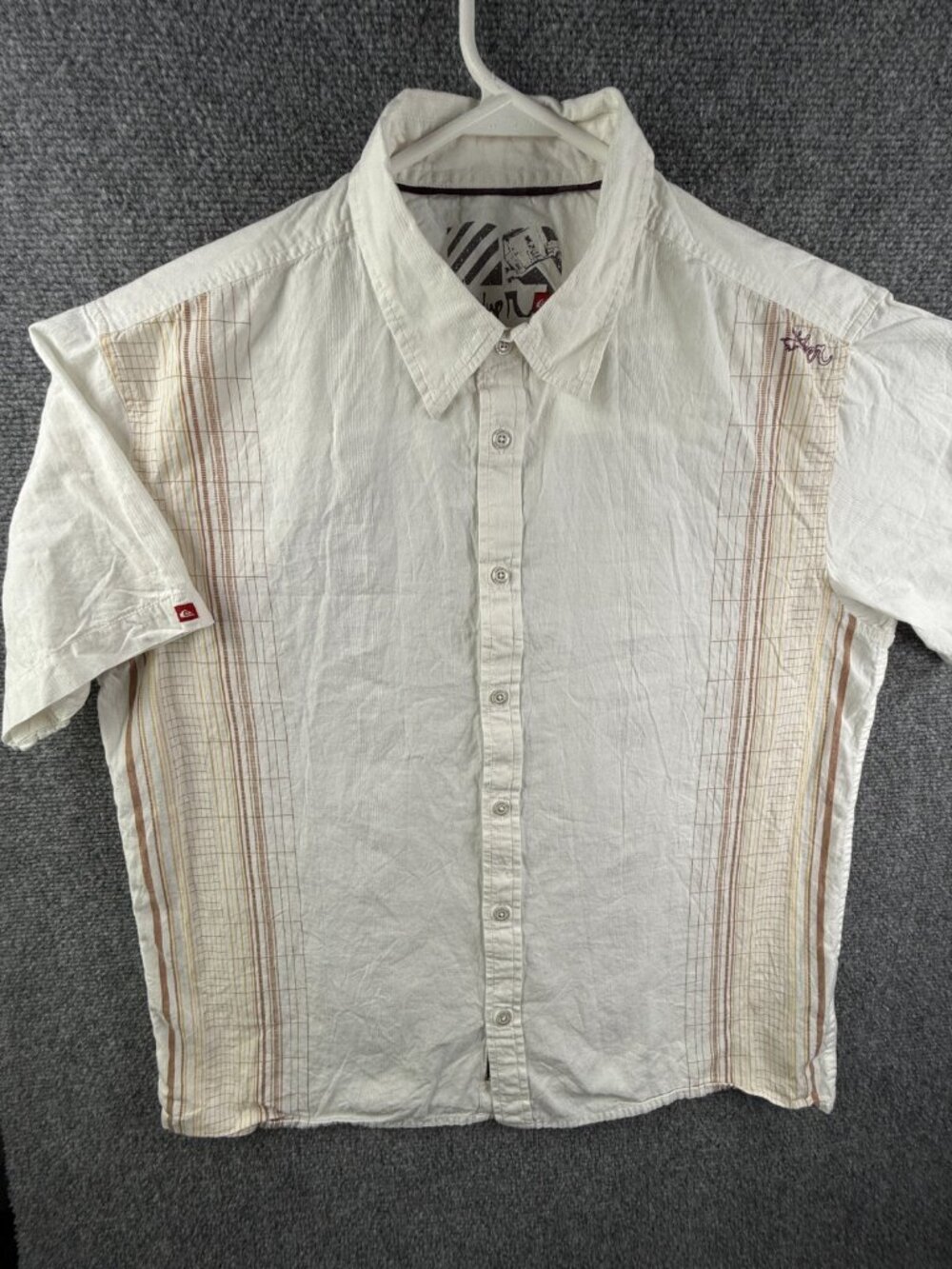 Quiksilver Men Short Sleeve Button Up Shirt Large White Brown Striped Cotton